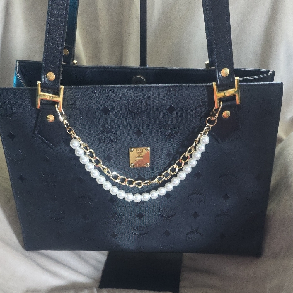 MCM Black and Gold Structured Tote with Chain Detail EUC
